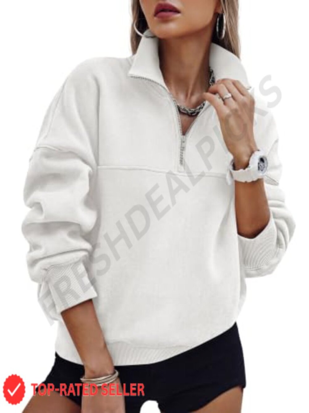 Women's Quarter Zip Fleece Pullover Sweatshirt Cotton Blend Loose Fit